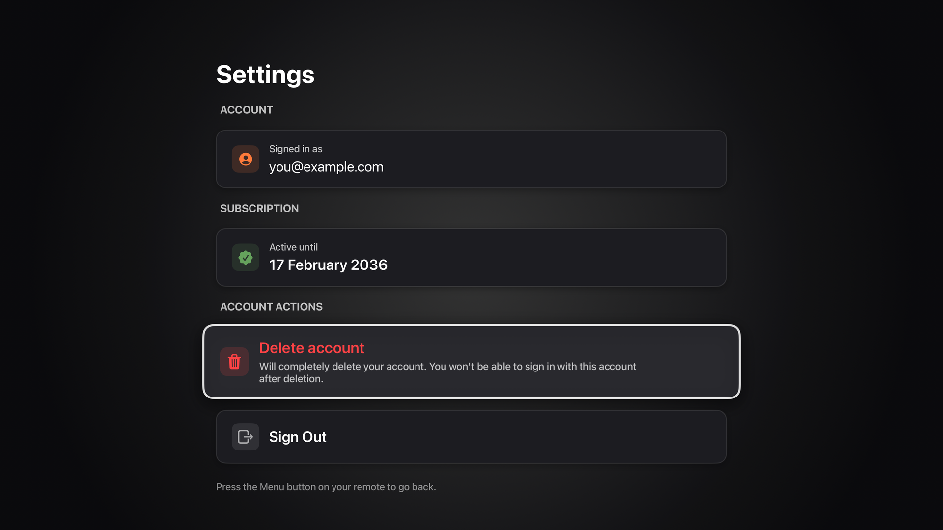 BelkaVPN settings screen on Apple TV