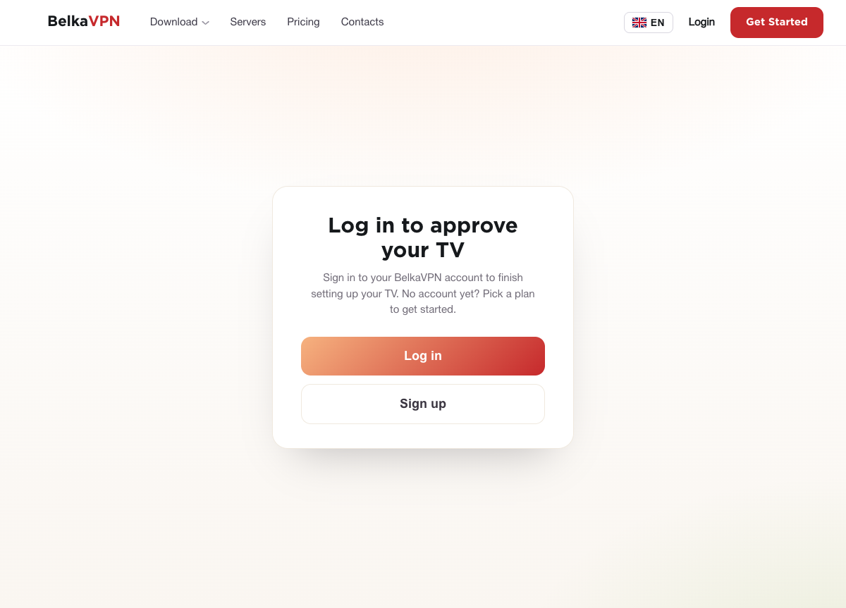 BelkaVPN website page asking you to log in to approve your TV