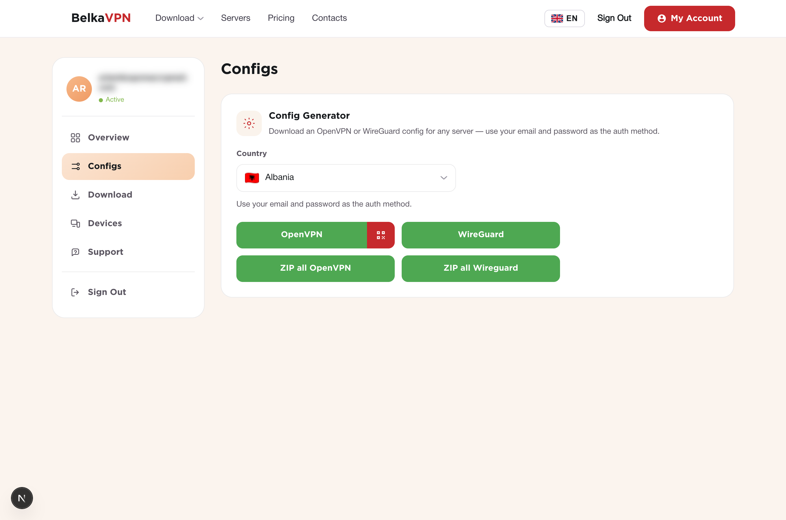 Config Generator with a country selected and the OpenVPN UDP button
