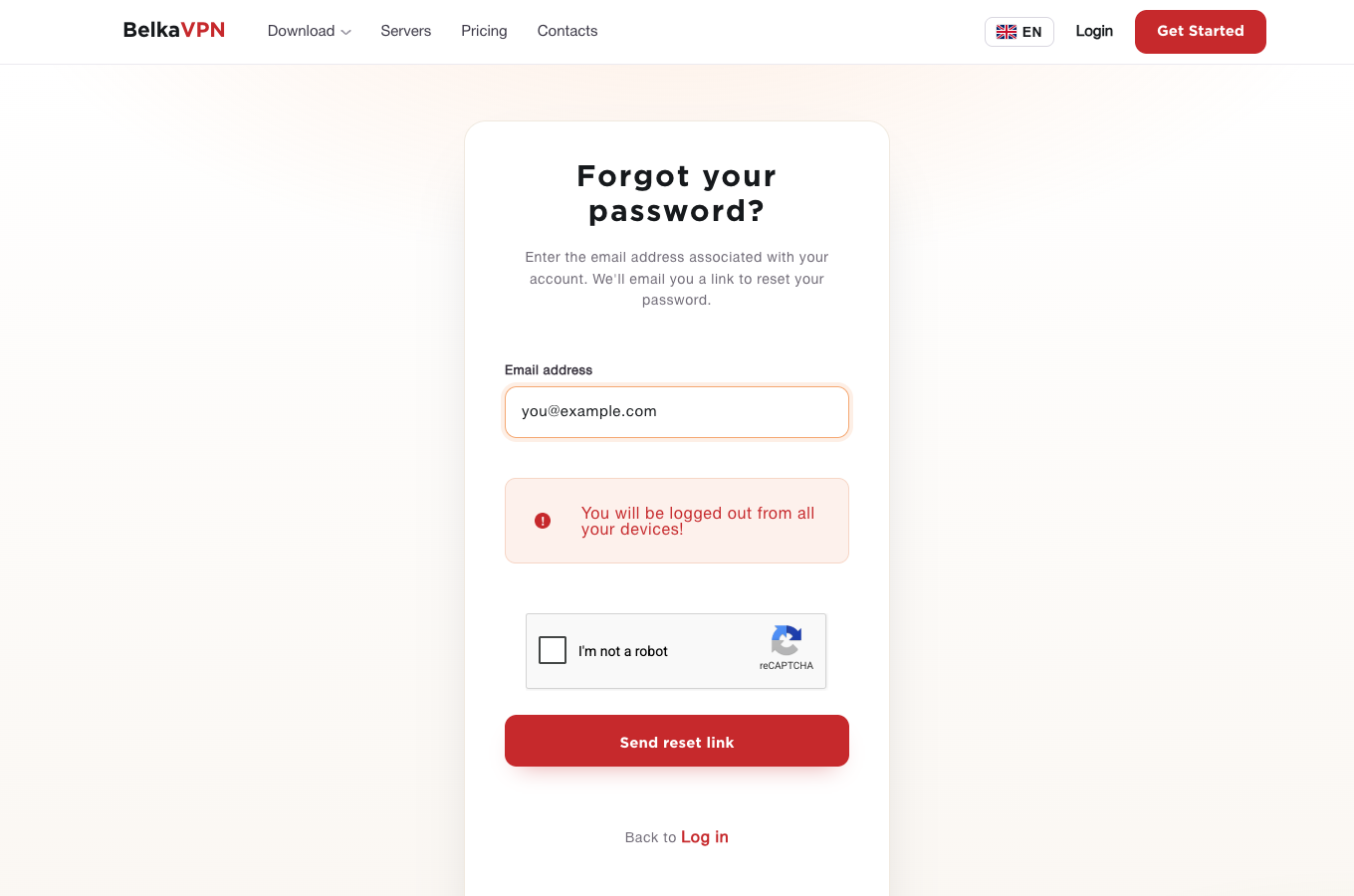 Forgot your password form with an email entered