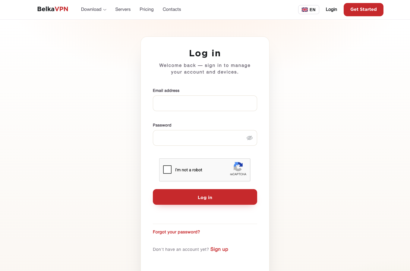 BelkaVPN sign-in page with the Forgot your password link