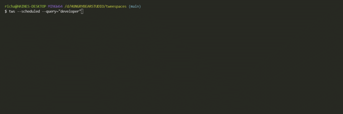 'A GIF of running a tweespace command. Shows the CLI output'