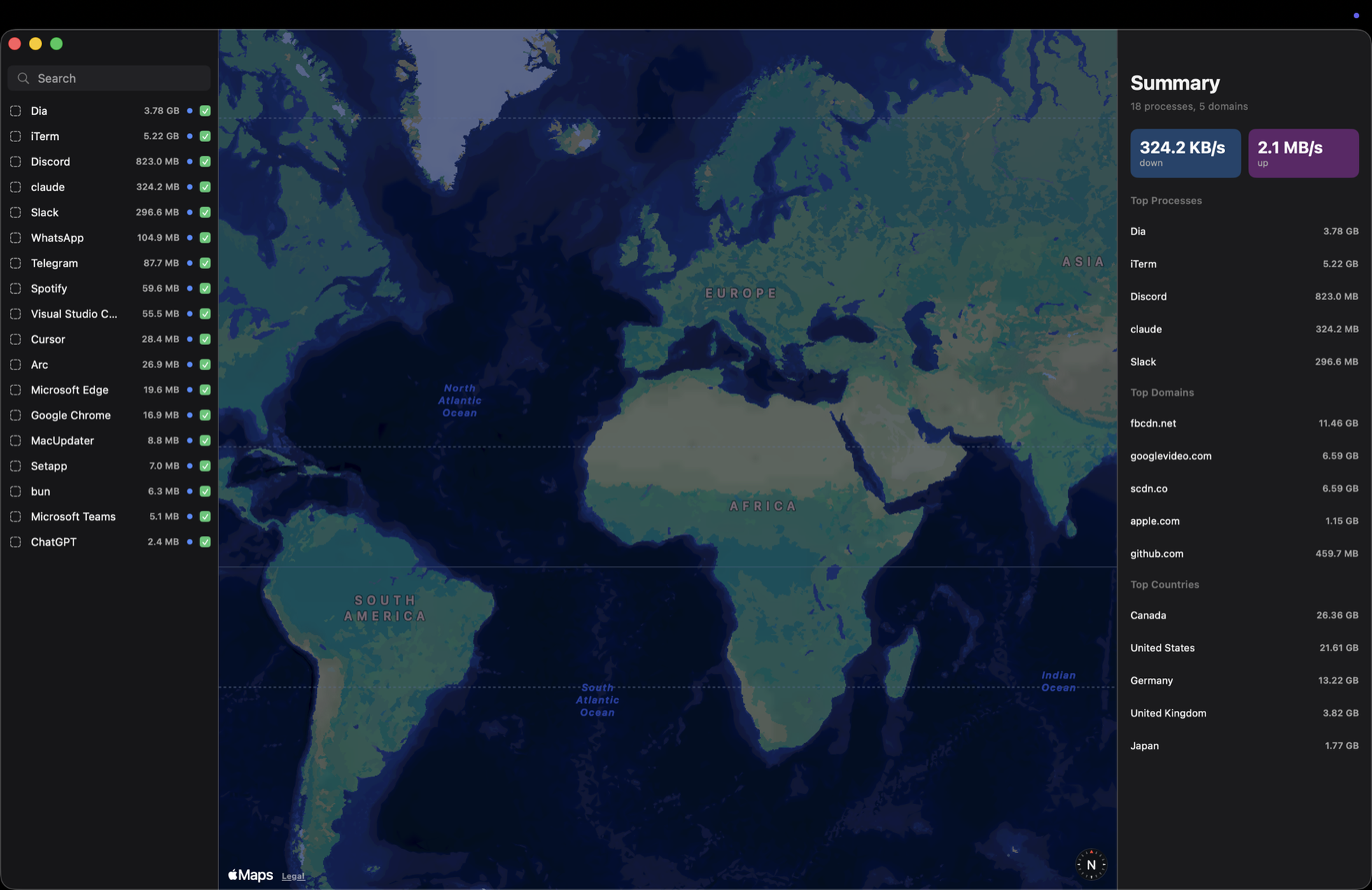 PureSnitch Network Monitor — world map, per-process bandwidth, summary panel