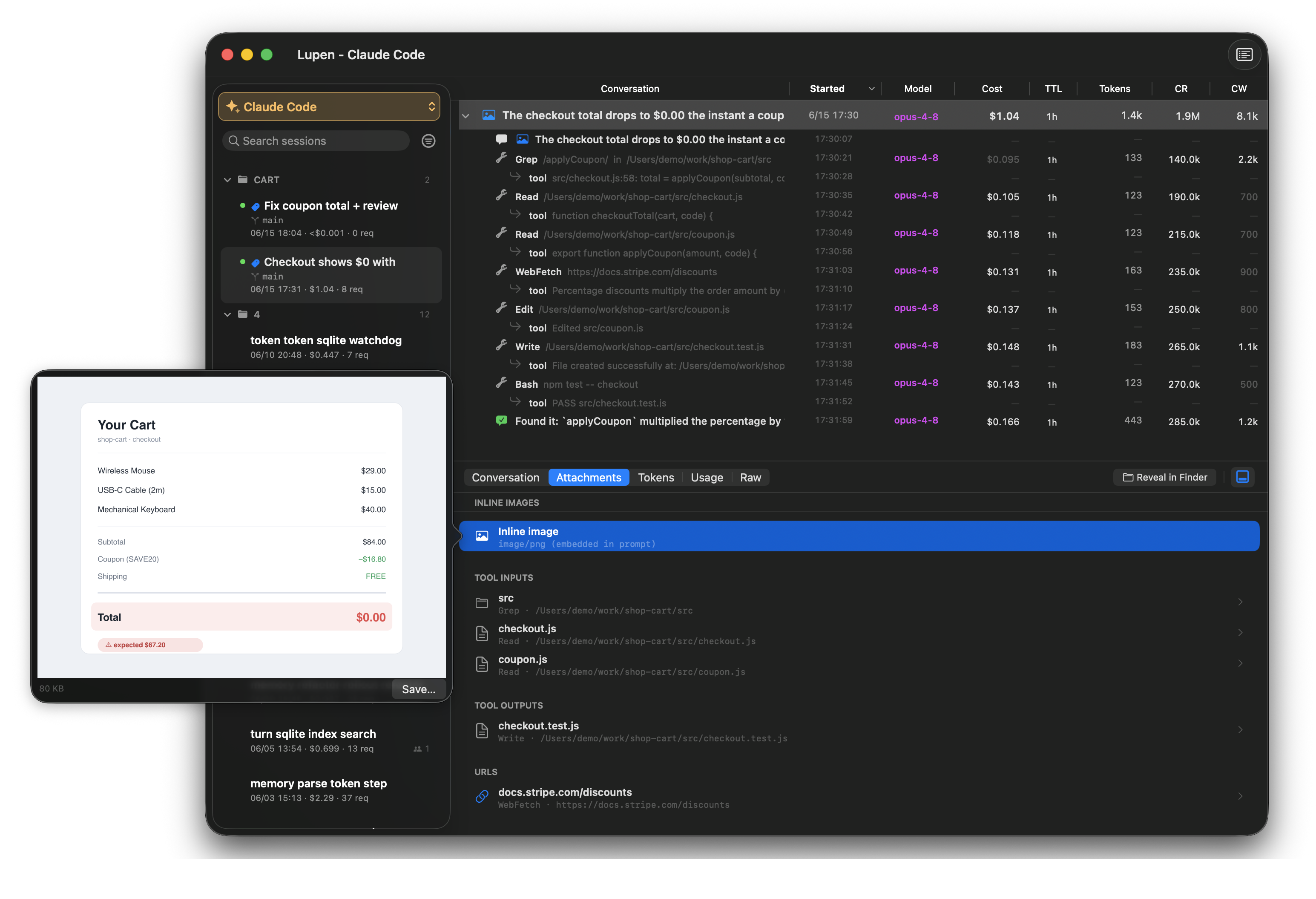 Attachments tab grouping an inline image, tool inputs, tool outputs, and a URL by where each entered the context