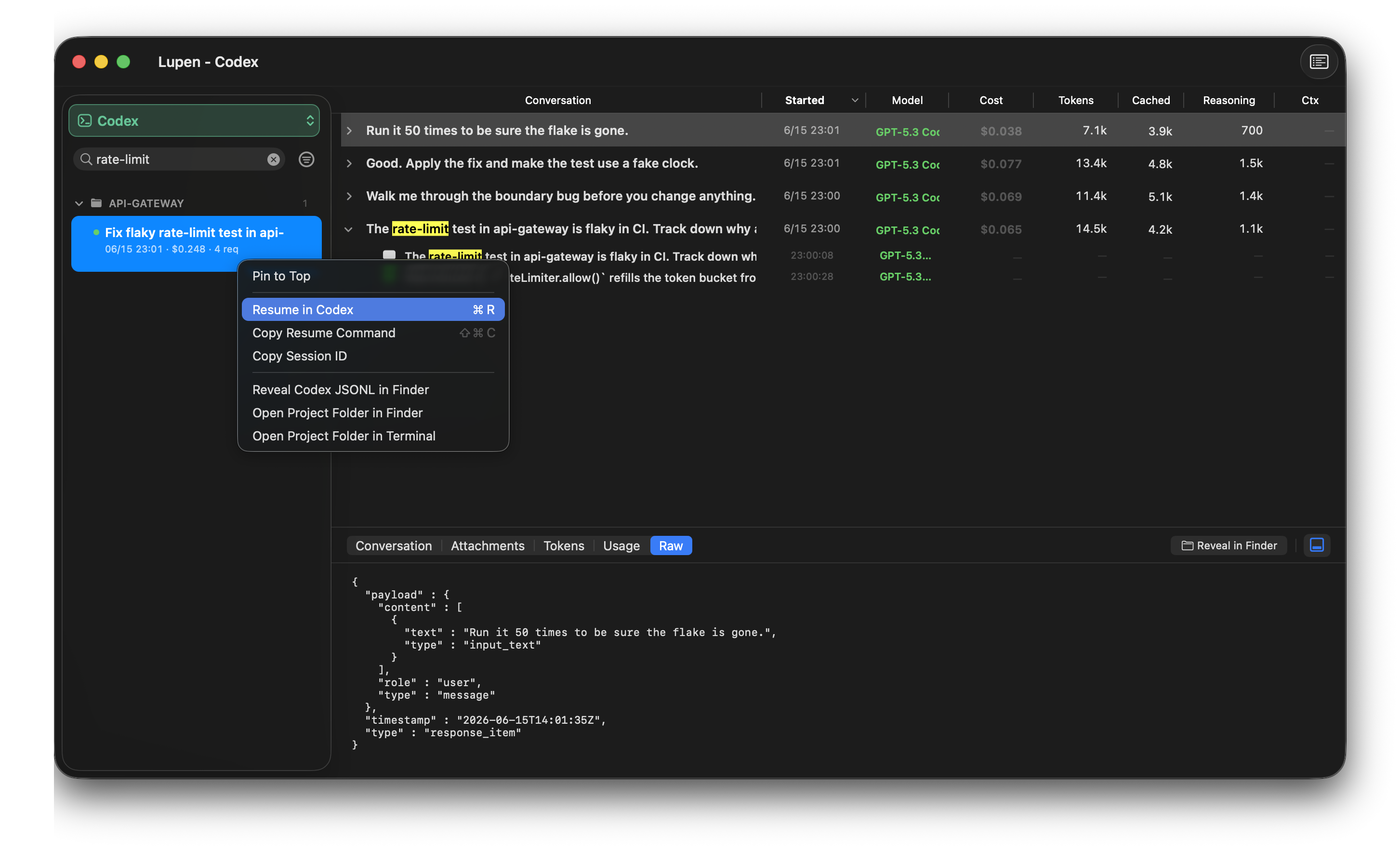 Searching past sessions with a right-click menu to resume one in its CLI