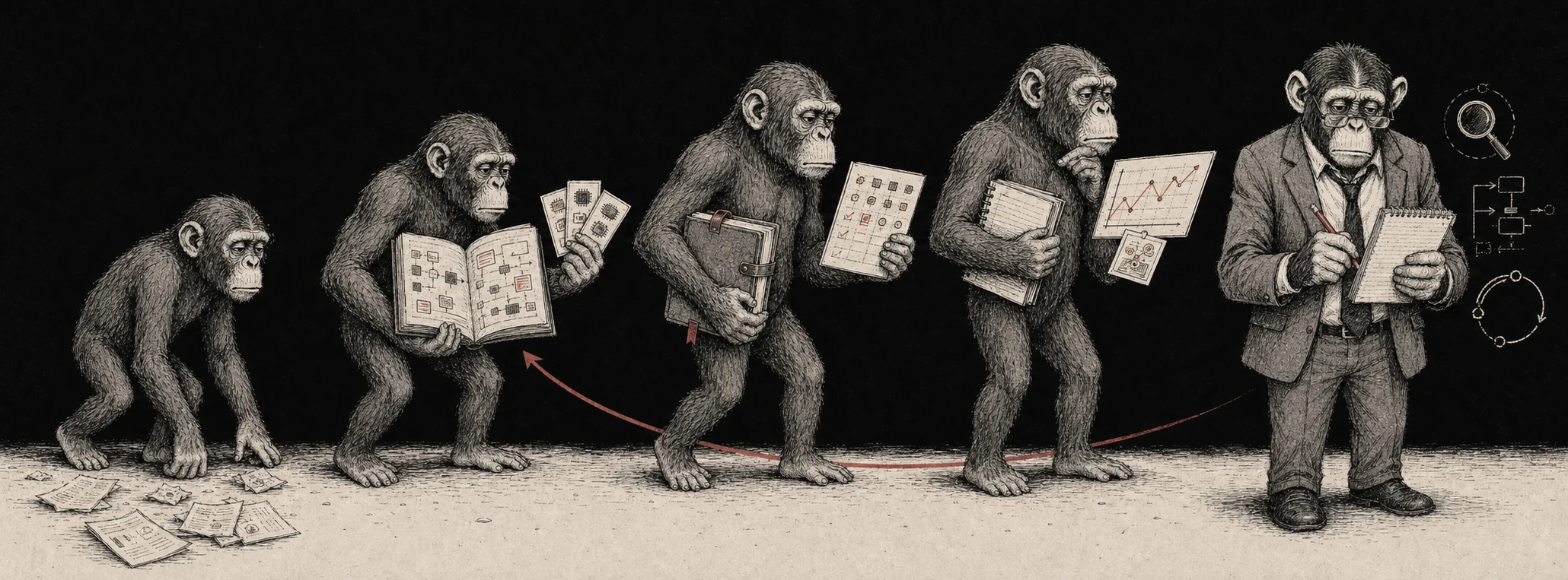 Five primate stages progress from a stateless ape through Wiki and Evidence, Decision, and Review to a suited Guru Ape with Lens and Method; a feedback line returns reviewed lessons to future research.