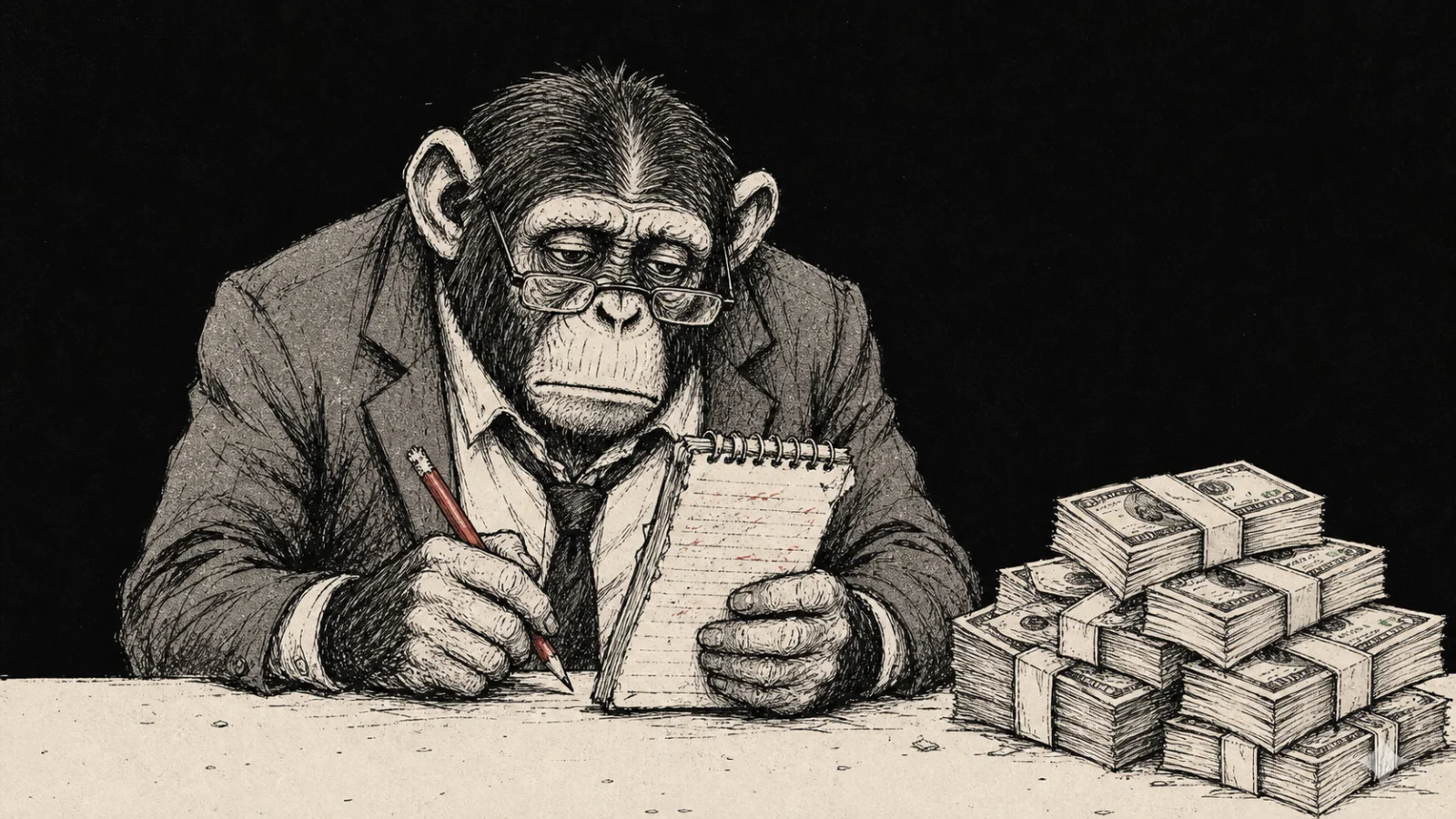 A tired chimpanzee in a suit reviews an investment notebook beside stacks of cash