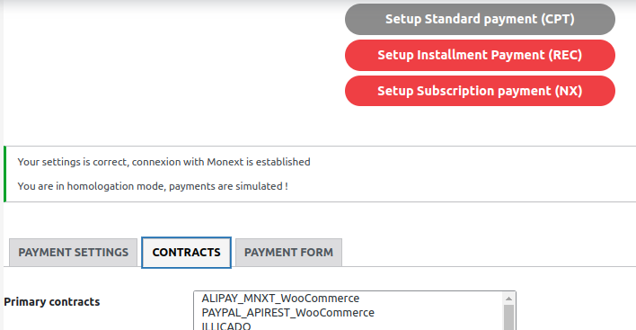Screenshot showing payment contract configuration in backoffice