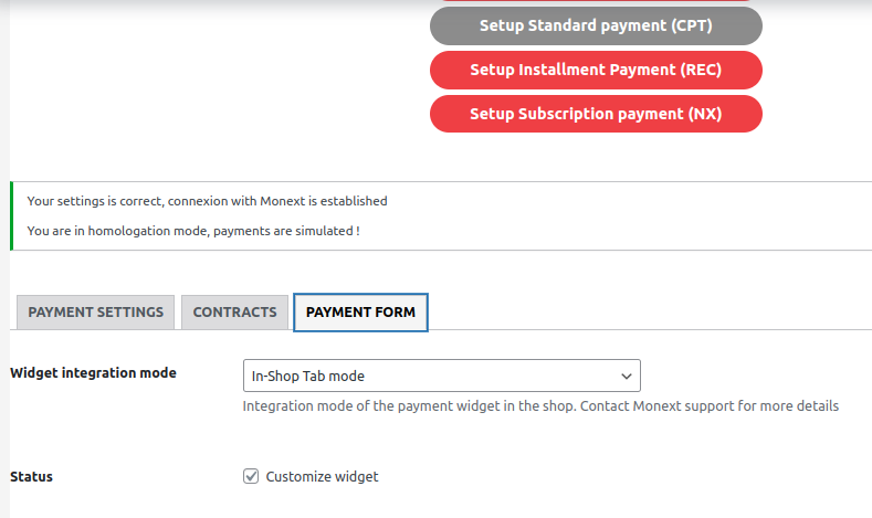 Screenshot showing payment widget configuration in backoffice