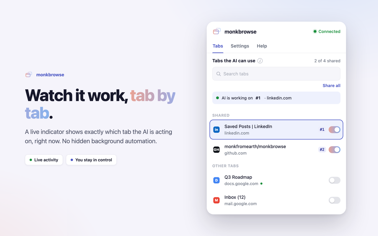 Watch it work, tab by tab