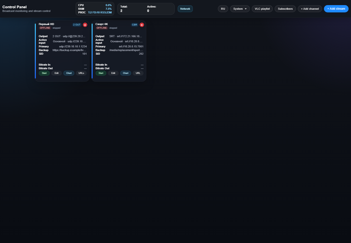 Основная панель TVStreammerSAT5
