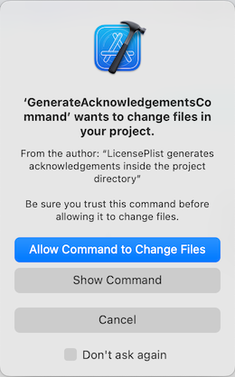 Allow command to change files dialog in Xcode