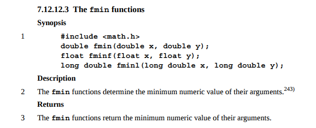 min function definition in a C standard document