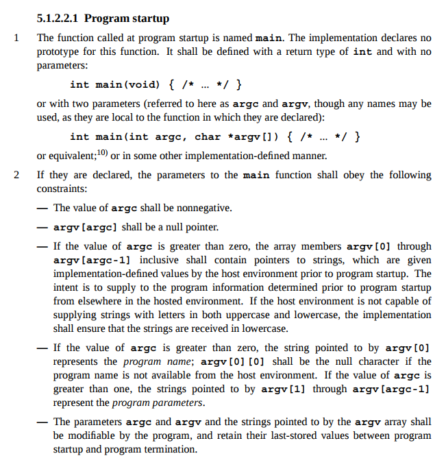 Main function definition in a C standard document