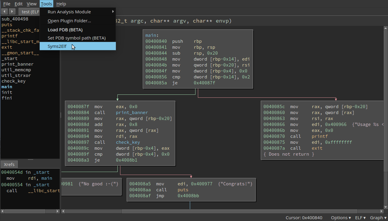 Binary Ninja using Syms2Elf