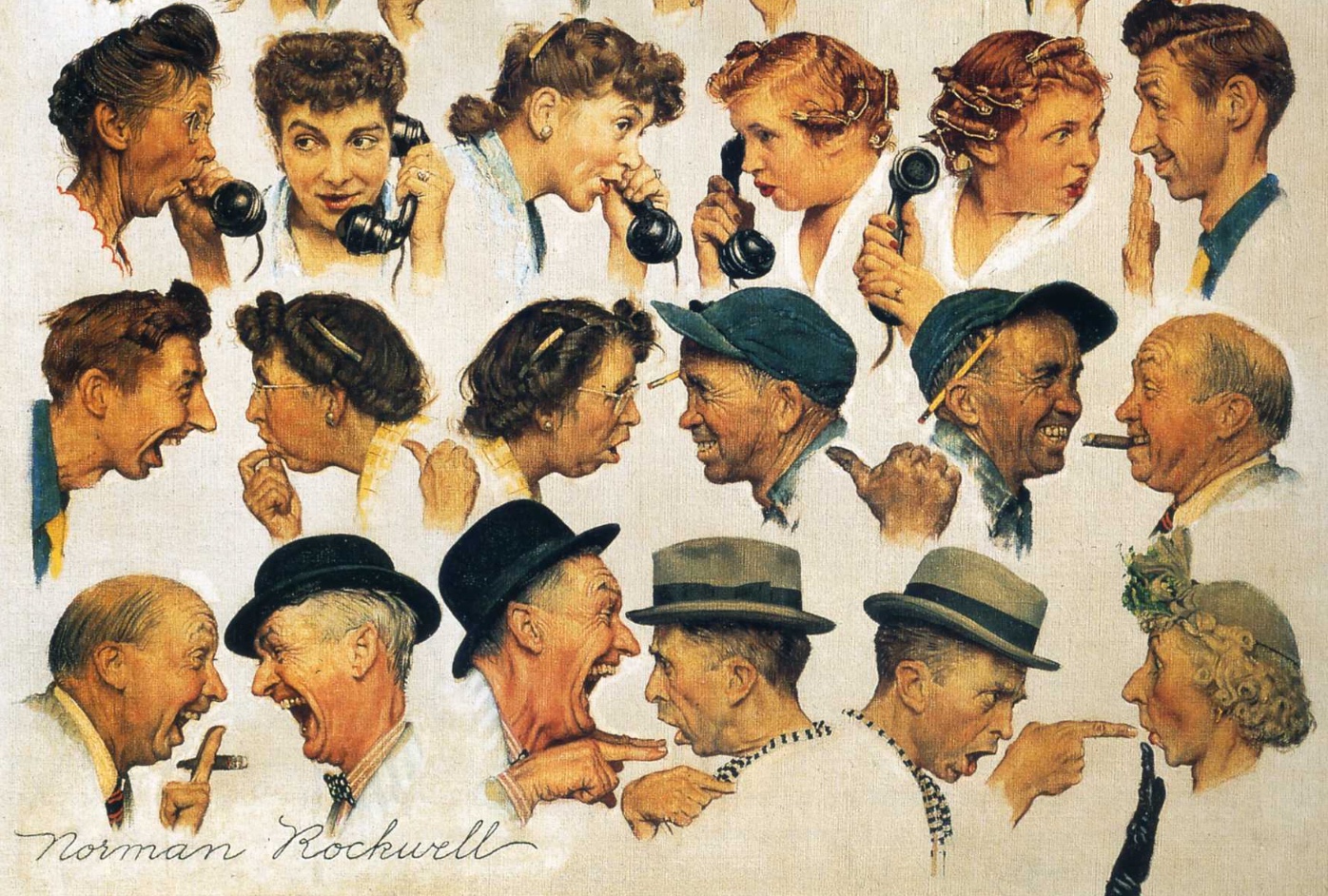A cropped fragment of the 1948 painting 'The Gossips', by Norman Rockwell, containing a chain of gossipping people. It's a deep metaphor.