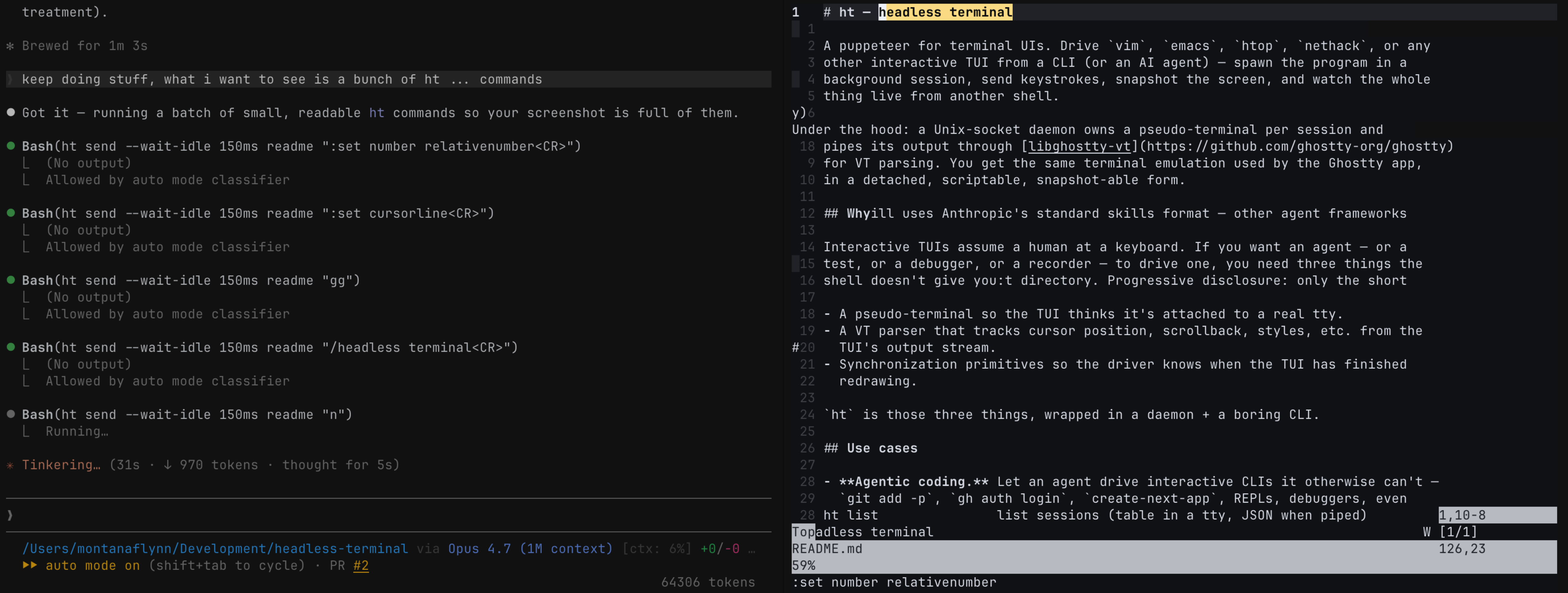 Claude Code driving nvim via ht