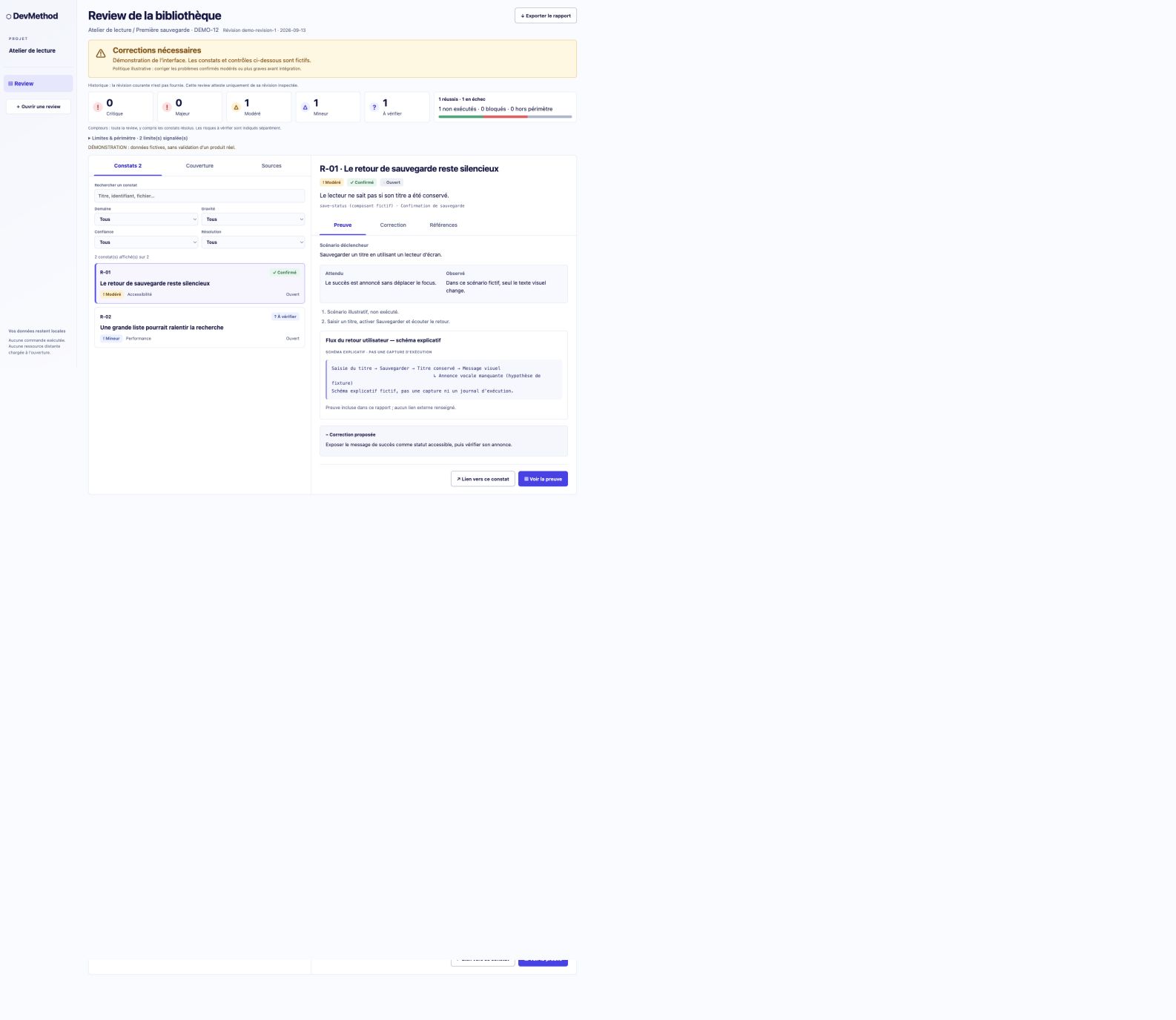 Actual DevMethod review interface — fictional demonstration data