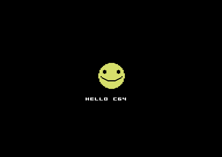 hello c64: a yellow smiley face on a black screen