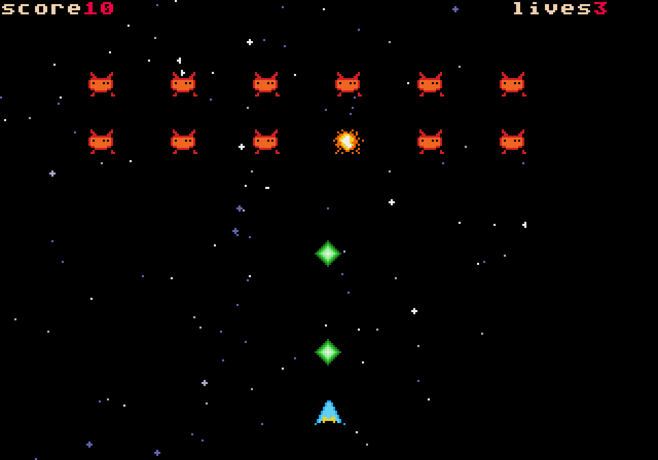 the starfall shmup: enemy formation, starfield, score and lives HUD