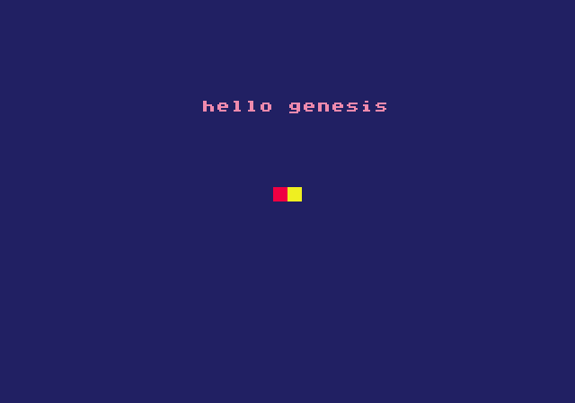 a red-and-yellow hardware sprite and 'hello genesis' text on a dark blue 320x224 Genesis screen