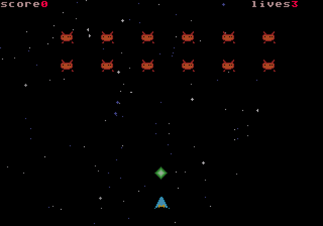 the starfall shmup: a player ship firing at a formation of alien sprites over a starfield, with a score/lives HUD, on the Genesis