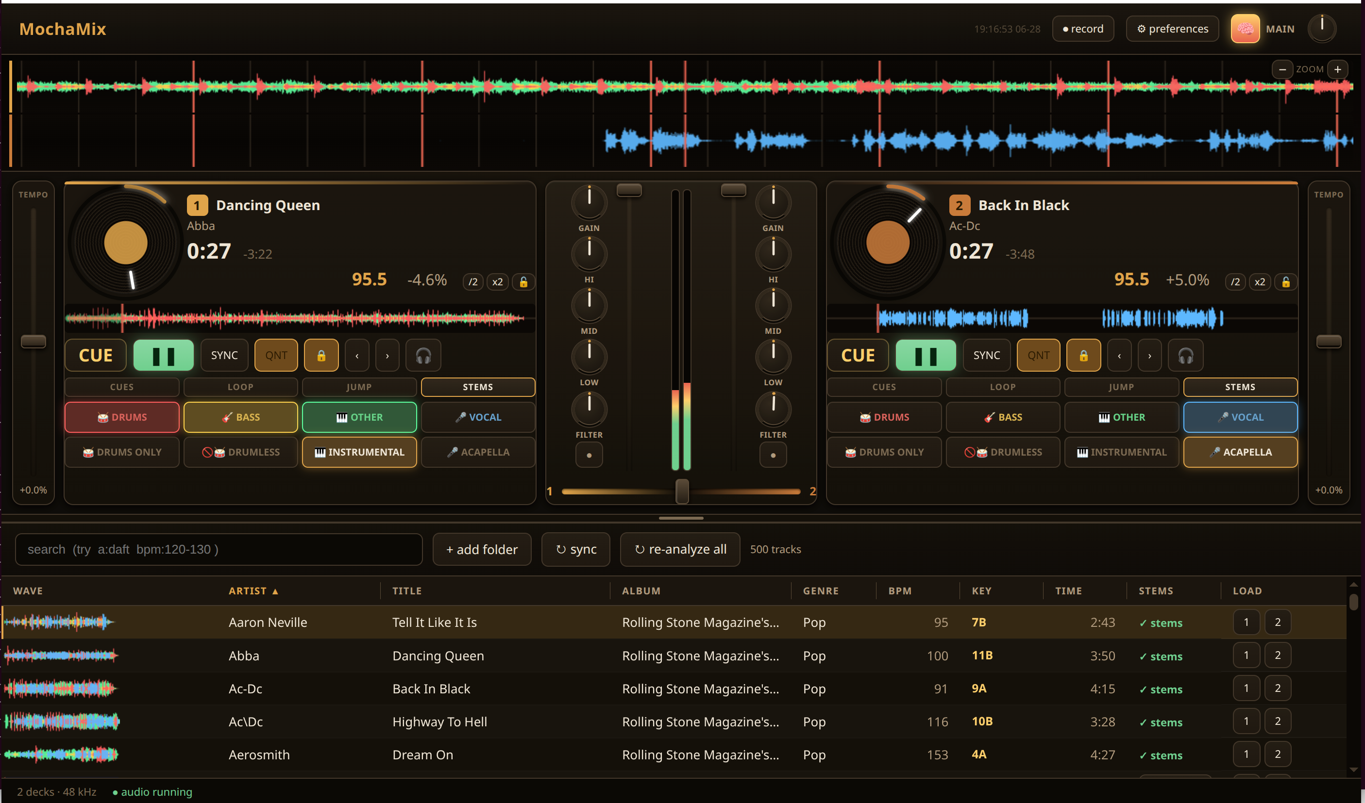 MochaMix — two decks with live stem pads, beatgrids, EQ/crossfader, and a searchable library