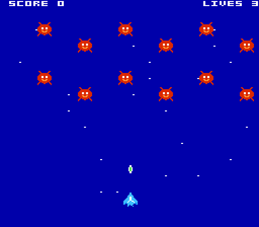 starfall: a complete NES shmup - a staggered formation of red invaders, a cyan player ship firing a green bolt, over a starfield with a score/lives HUD