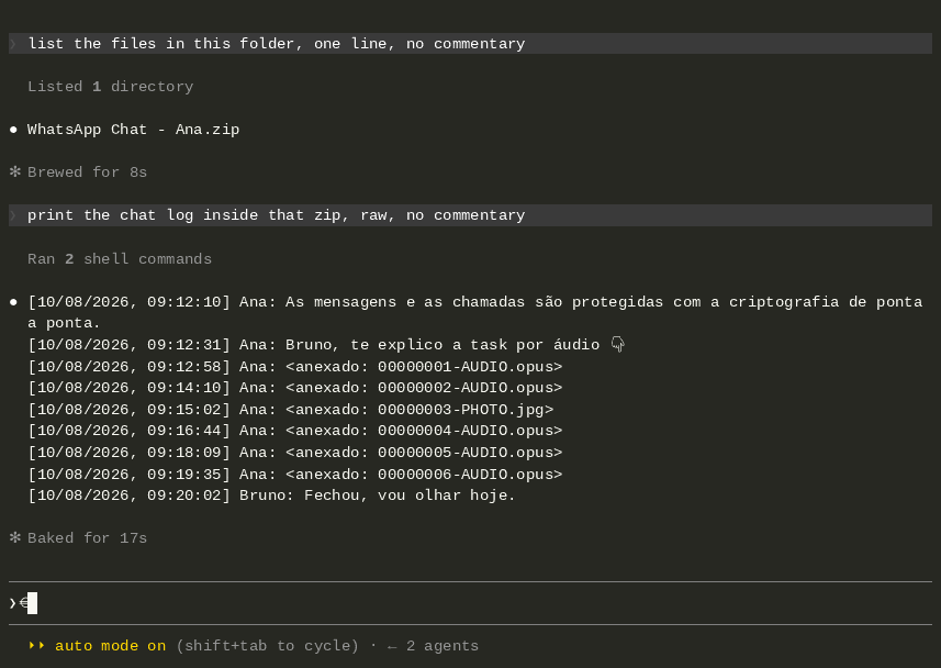 Claude Code reading a coworker's WhatsApp voice notes through harken and answering with the task, fully offline