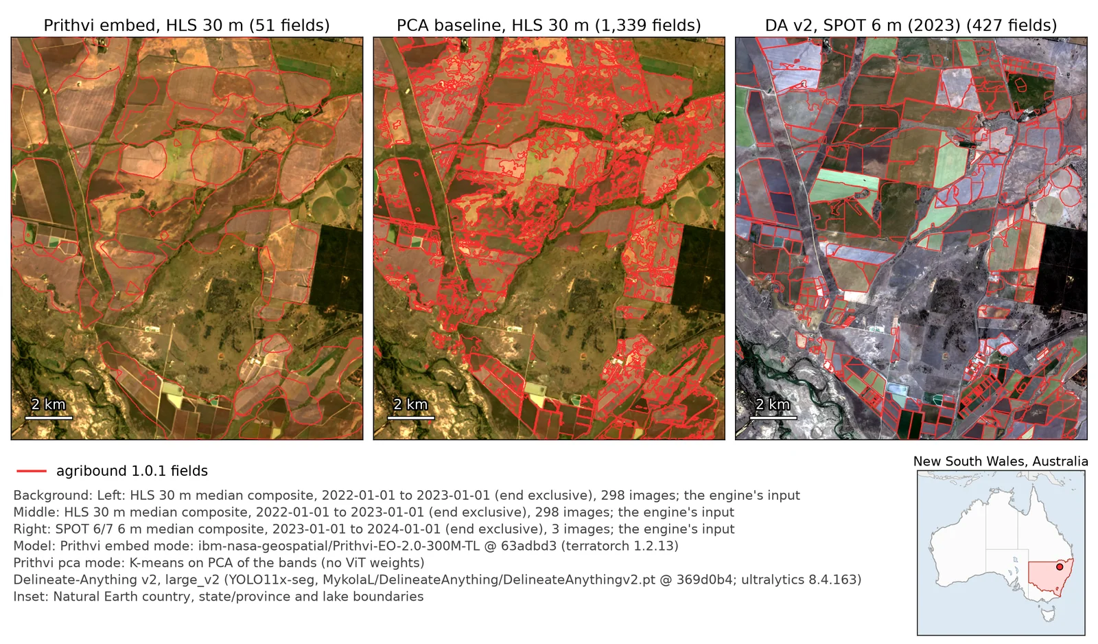 Australia — Prithvi embed mode and a PCA baseline on HLS, and Delineate-Anything v2 on SPOT