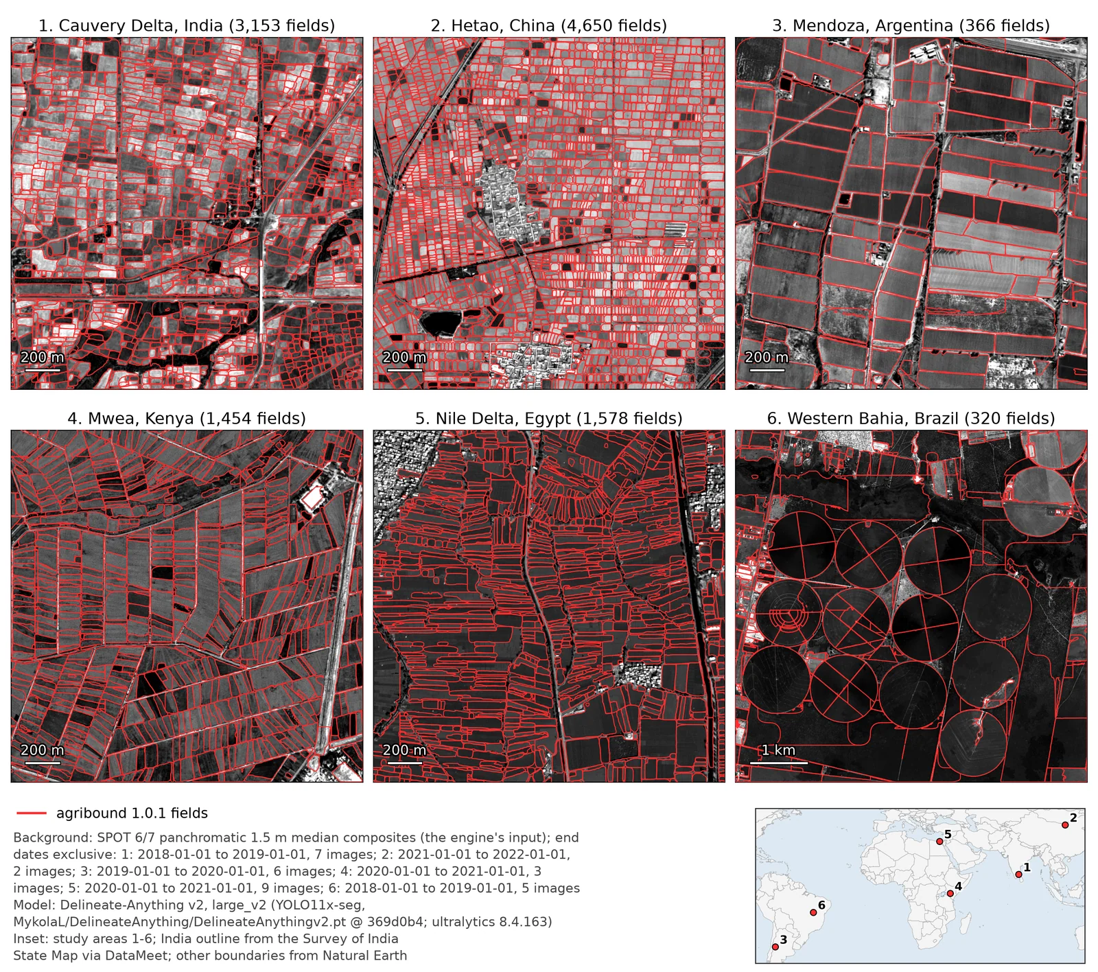 Global South — Delineate-Anything v2 on SPOT 6/7 panchromatic in six farming landscapes