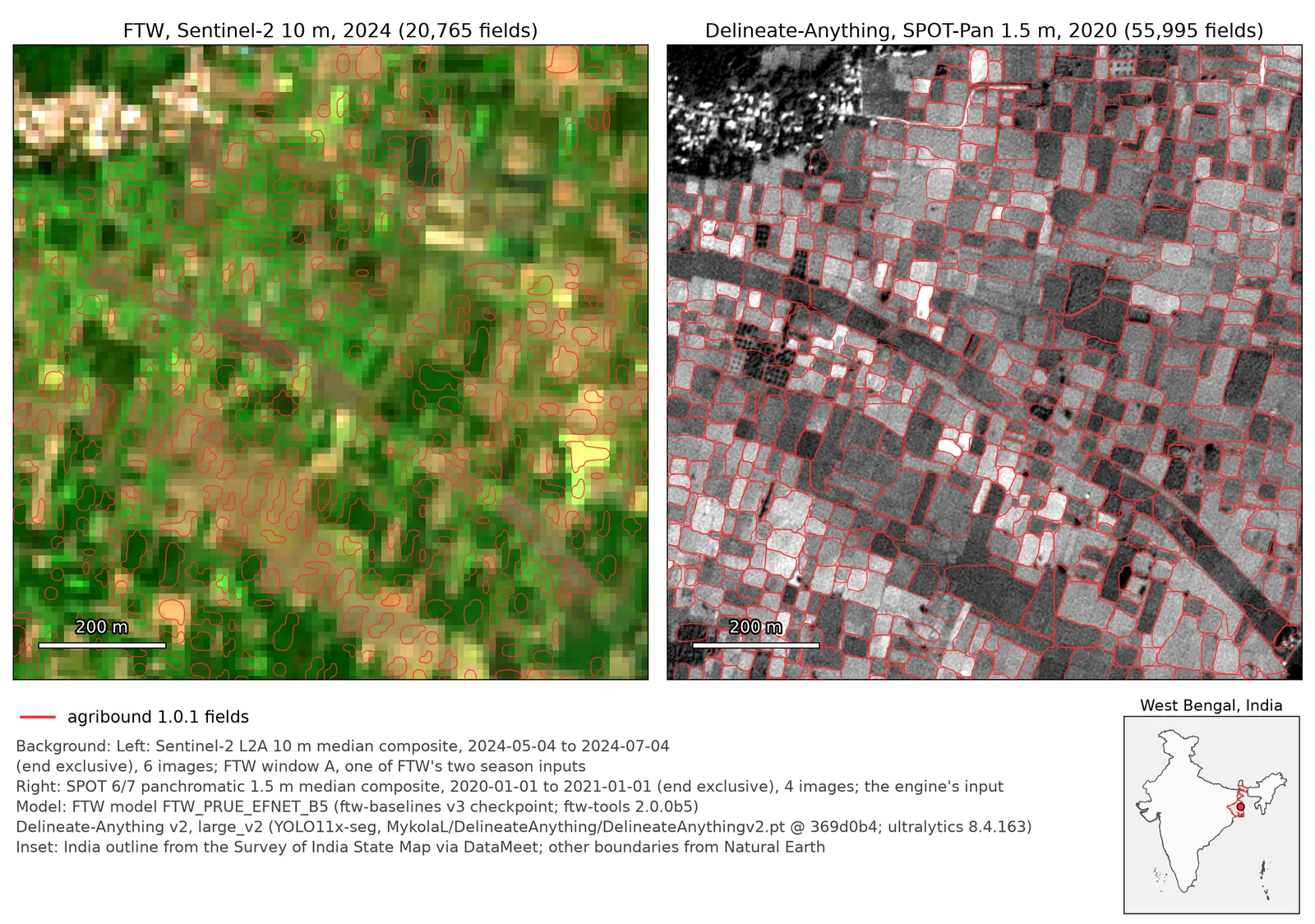 India — FTW on Sentinel-2 vs Delineate-Anything on SPOT-Pan