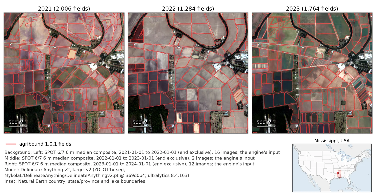 Mississippi Alluvial Plain — Delineate-Anything on SPOT, 2021 to 2023