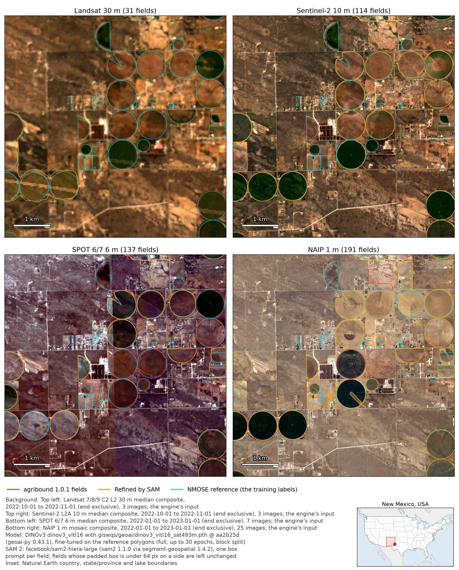DINOv3 fine-tuned and SAM 2 on Landsat, Sentinel-2, SPOT and NAIP — eastern Lea County, New Mexico