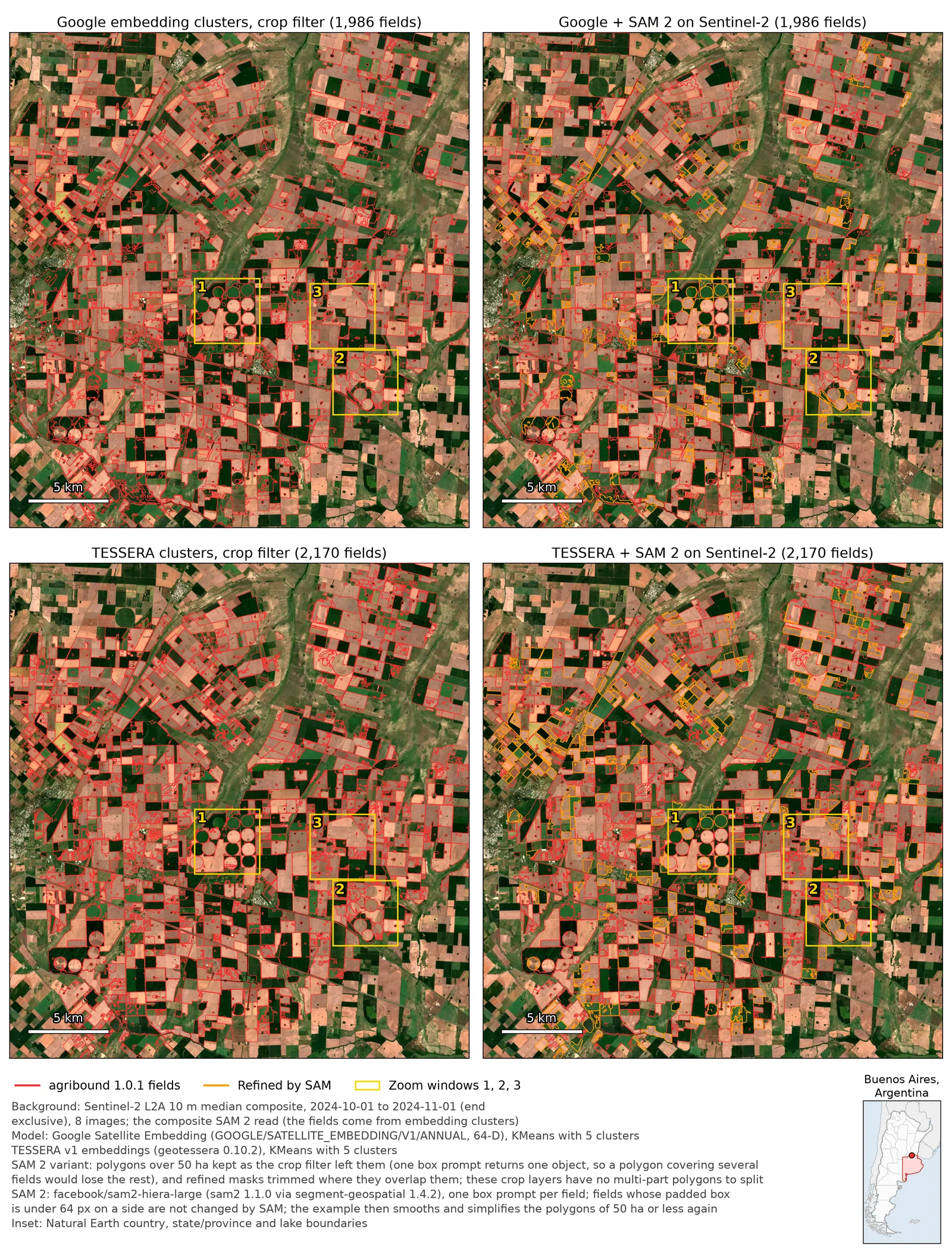 Pampas — Google Satellite Embedding and TESSERA clusters before and after SAM 2, whole study area