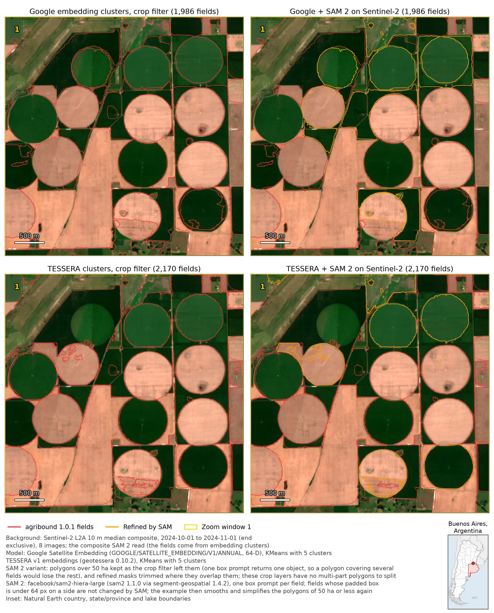 Pampas — zoom 1, centre pivots: Google and TESSERA clusters before and after SAM 2