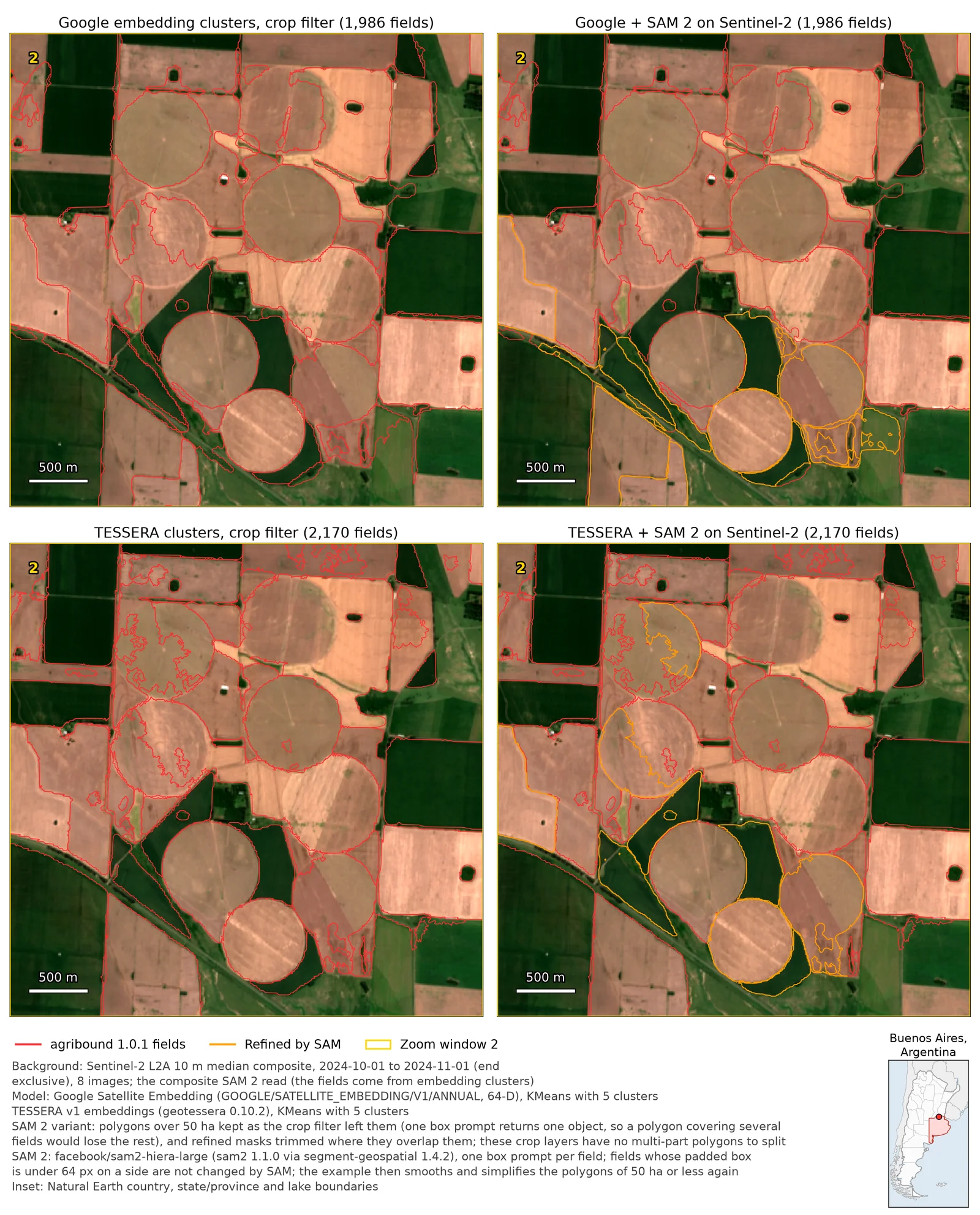 Pampas — zoom 2, south-east centre pivots: Google and TESSERA clusters before and after SAM 2