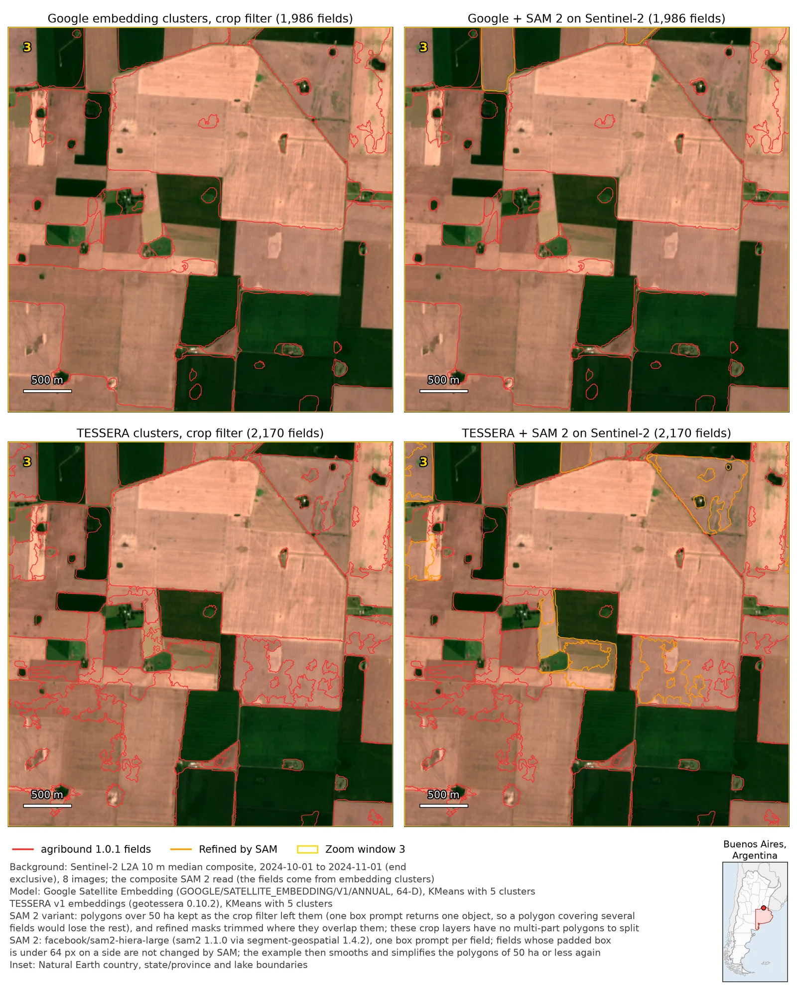 Pampas — zoom 3, large merged polygons: Google and TESSERA clusters before and after SAM 2