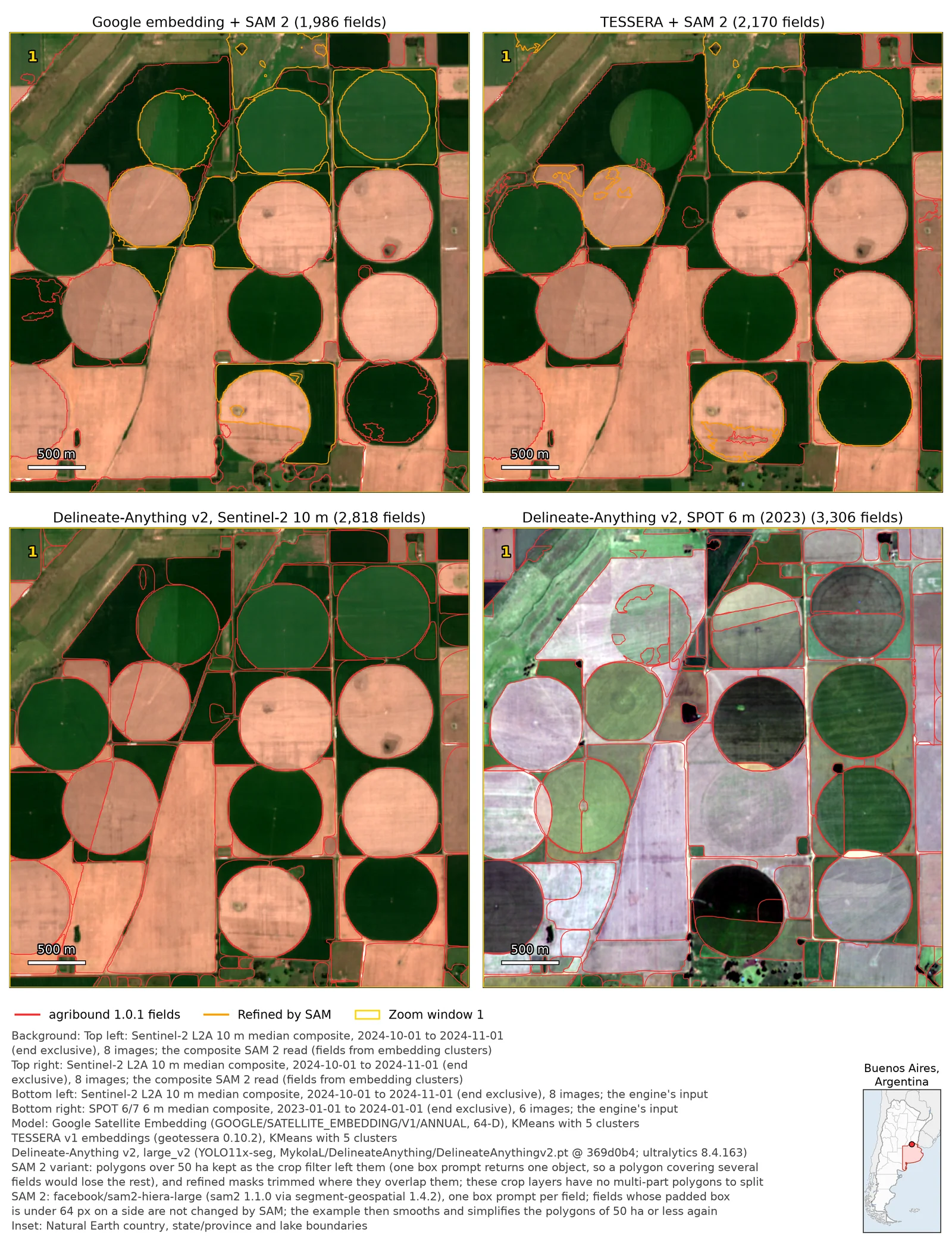 Embeddings with SAM 2 vs Delineate-Anything v2 on Sentinel-2 and SPOT — Pampas, Argentina