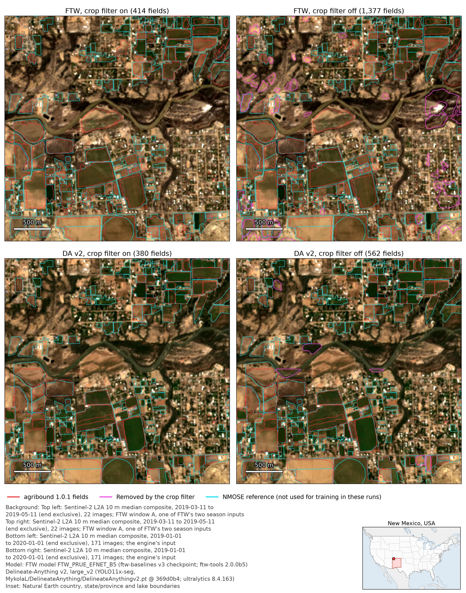 San Juan County — FTW and Delineate-Anything v2 with and without the crop filter