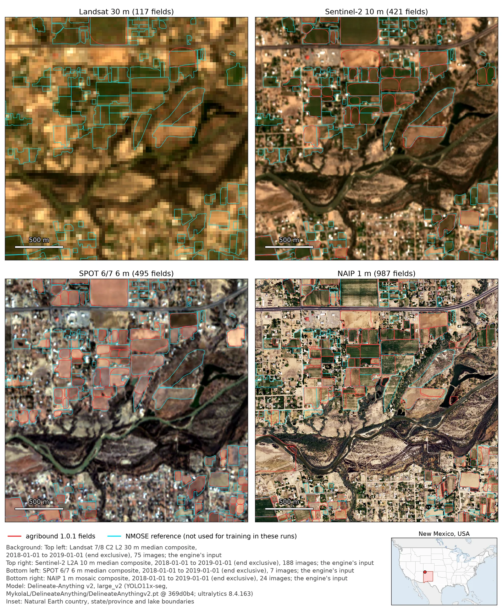 Delineate-Anything v2 on Landsat, Sentinel-2, SPOT and NAIP — San Juan County, New Mexico