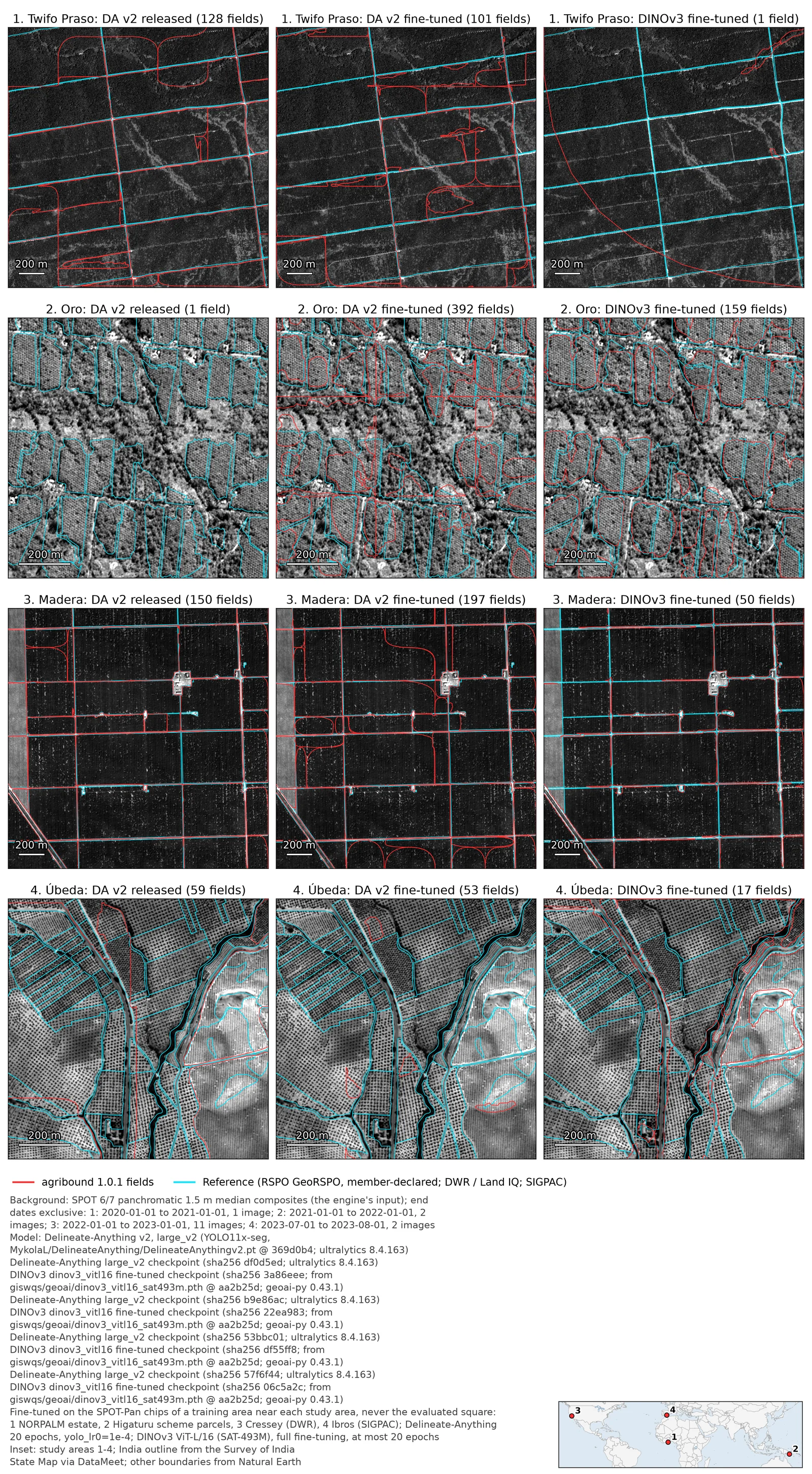 Tree crops — Delineate-Anything v2 released and fine-tuned, and DINOv3 fine-tuned, on SPOT 6/7 panchromatic at four study areas