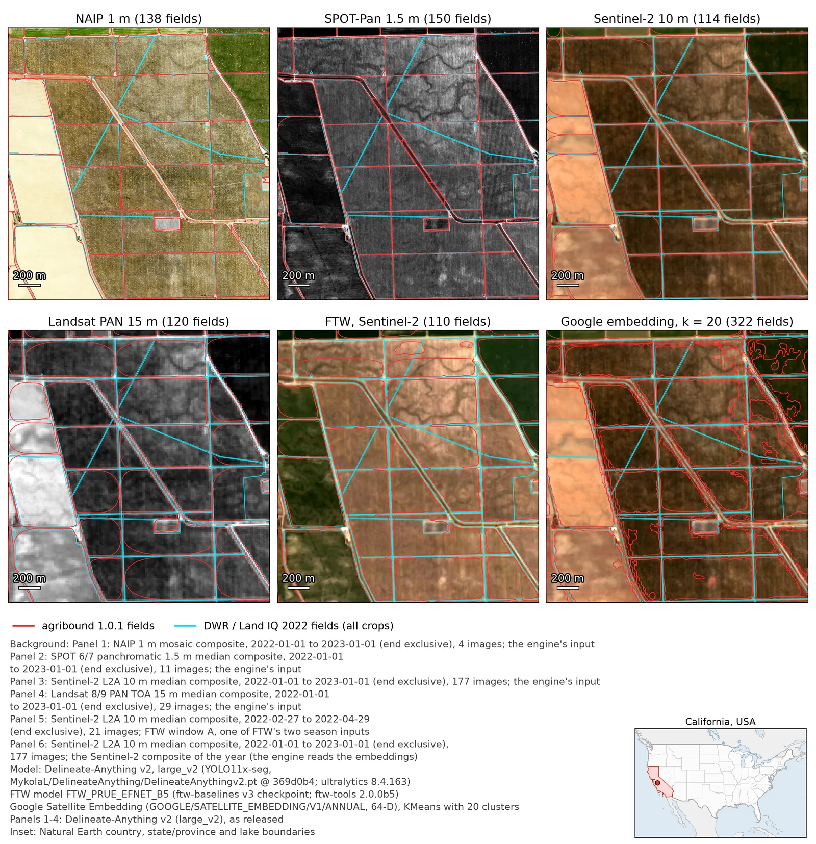 Madera County, California — almond and pistachio orchards: Delineate-Anything v2 on NAIP, SPOT-Pan, Sentinel-2 and Landsat PAN, FTW and Google embedding clusters