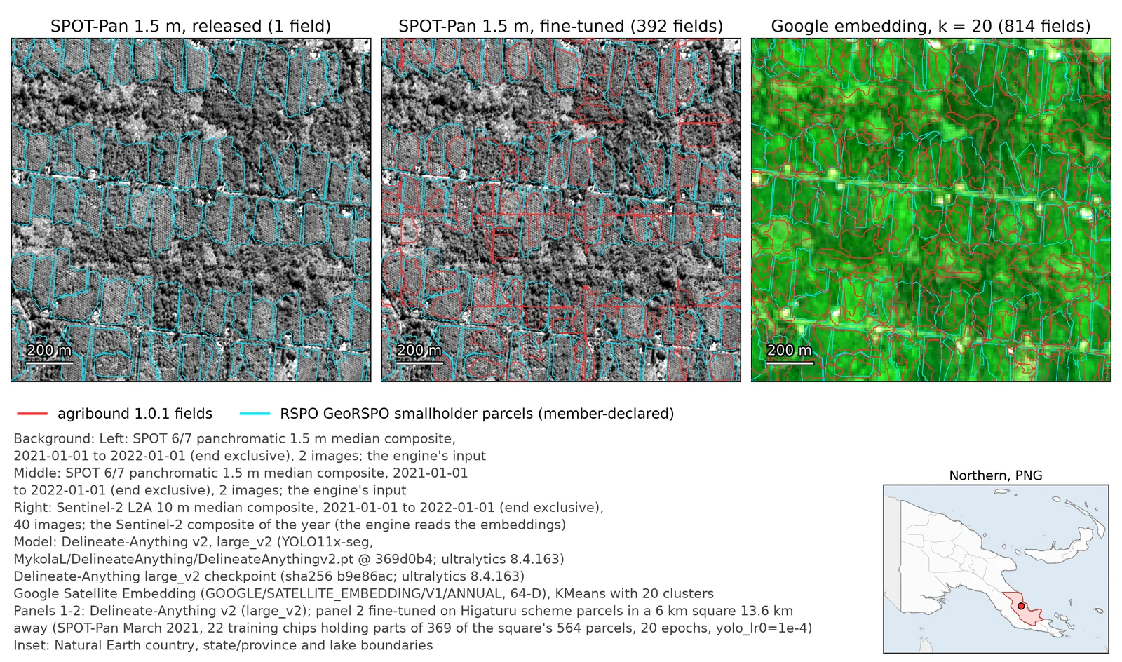 Oro Province, Papua New Guinea — oil palm smallholder parcels: released and fine-tuned Delineate-Anything v2 on SPOT-Pan, and Google embedding clusters