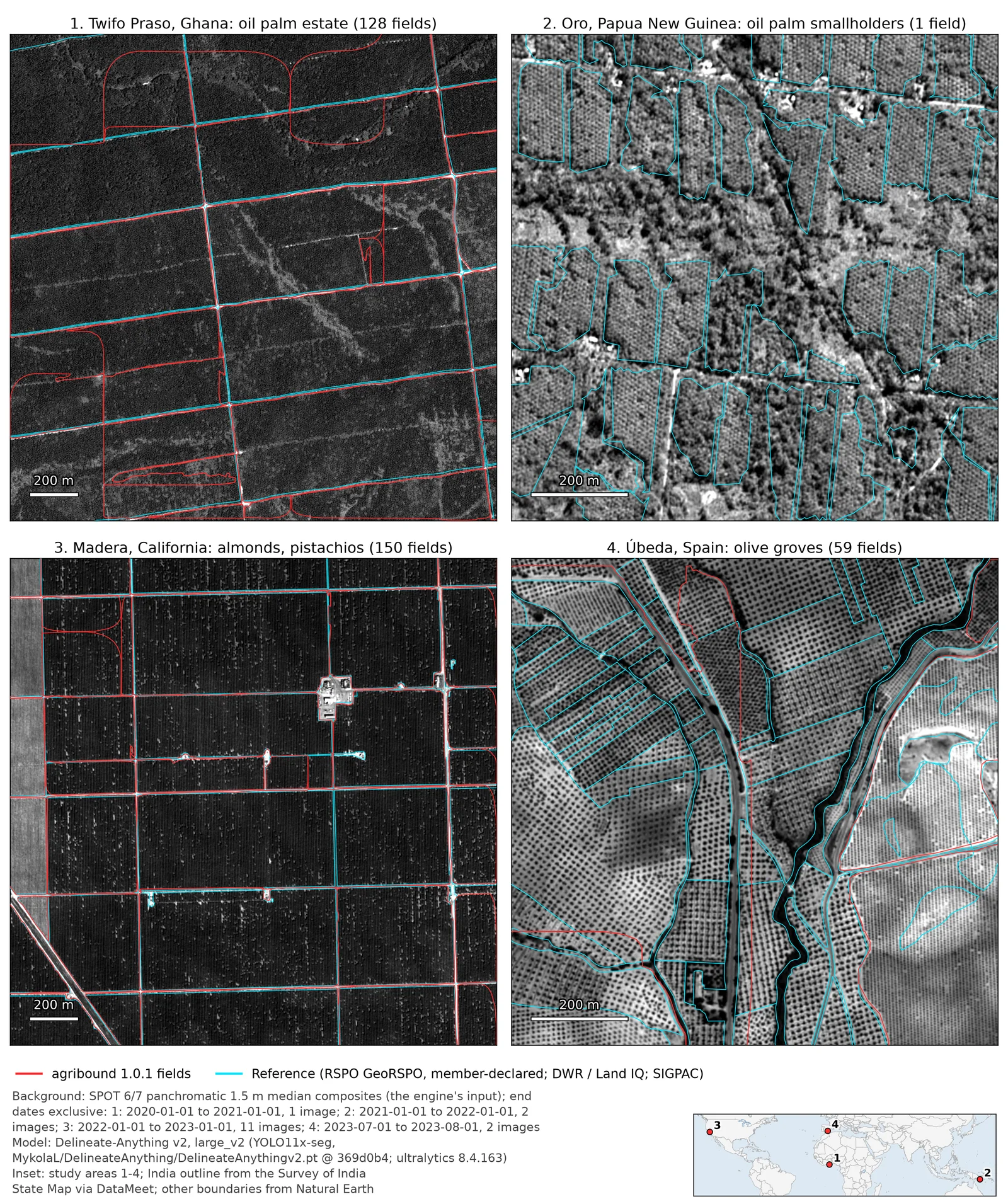 Tree crops — Delineate-Anything v2 on SPOT 6/7 panchromatic in Ghana, Papua New Guinea, California and Spain