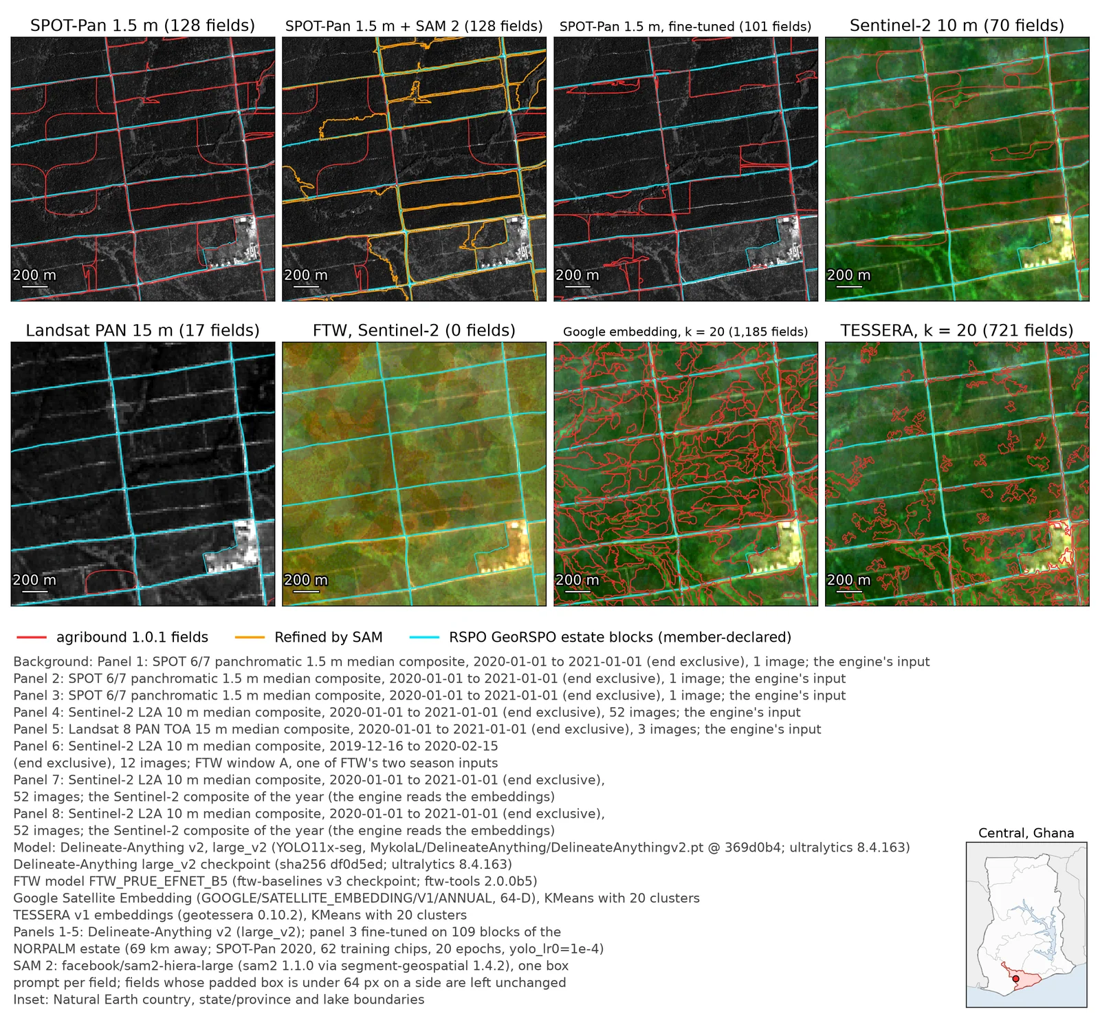 Twifo Praso, Ghana — oil palm estate blocks: Delineate-Anything v2 on SPOT-Pan, Sentinel-2 and Landsat PAN, SAM 2, a fine-tuned model, FTW and embeddings