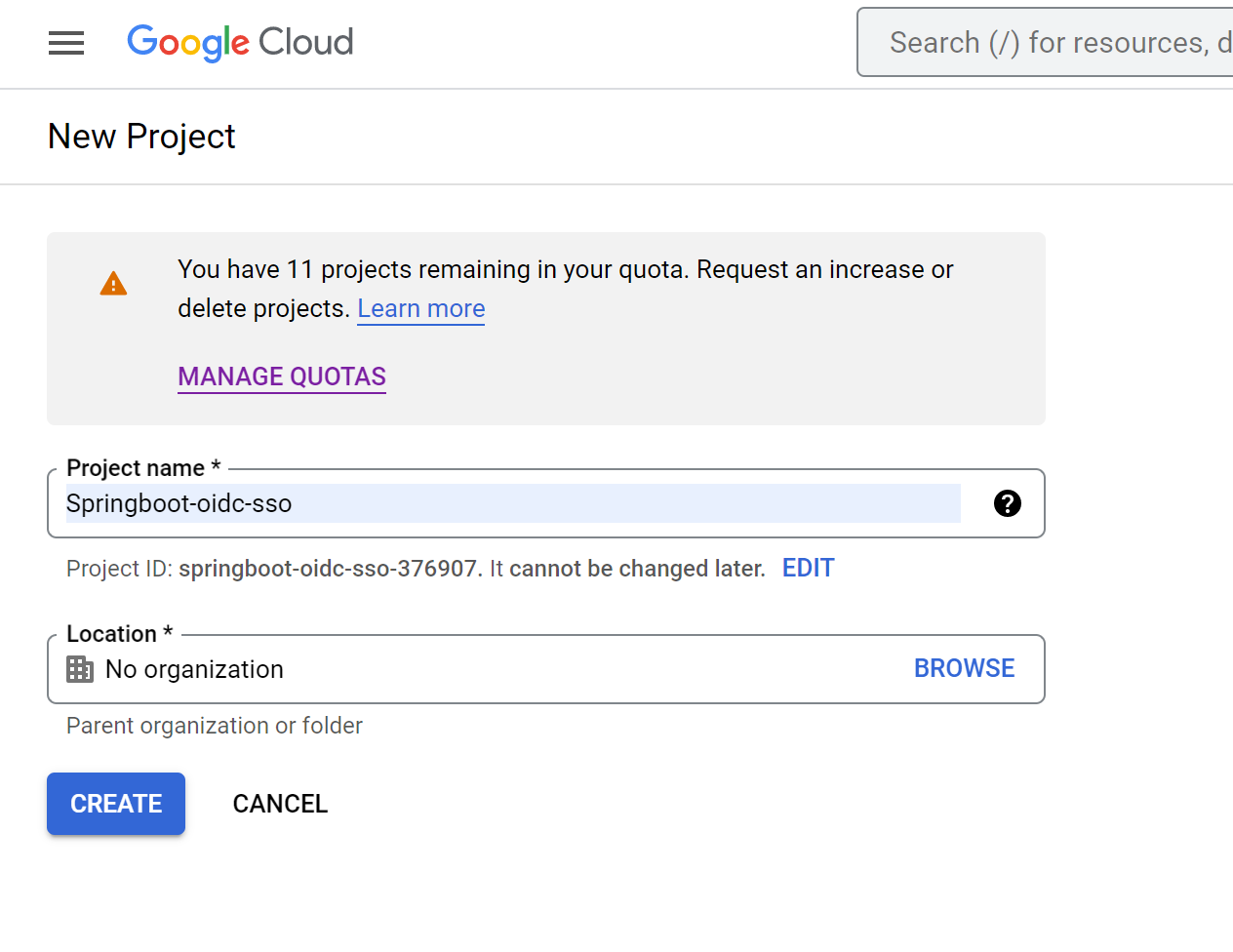 Google Create Project