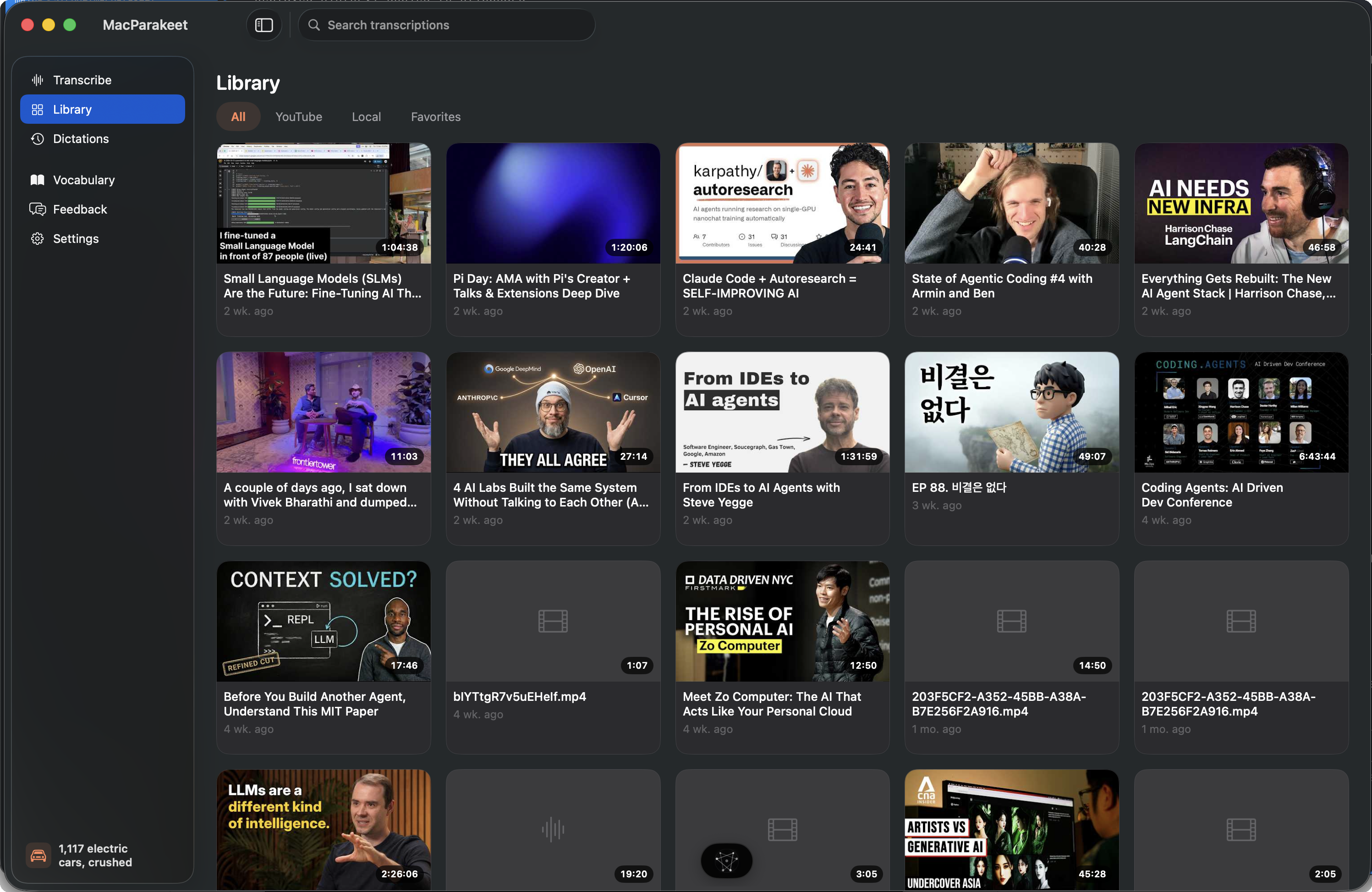 MacParakeet — Transcription library with thumbnails