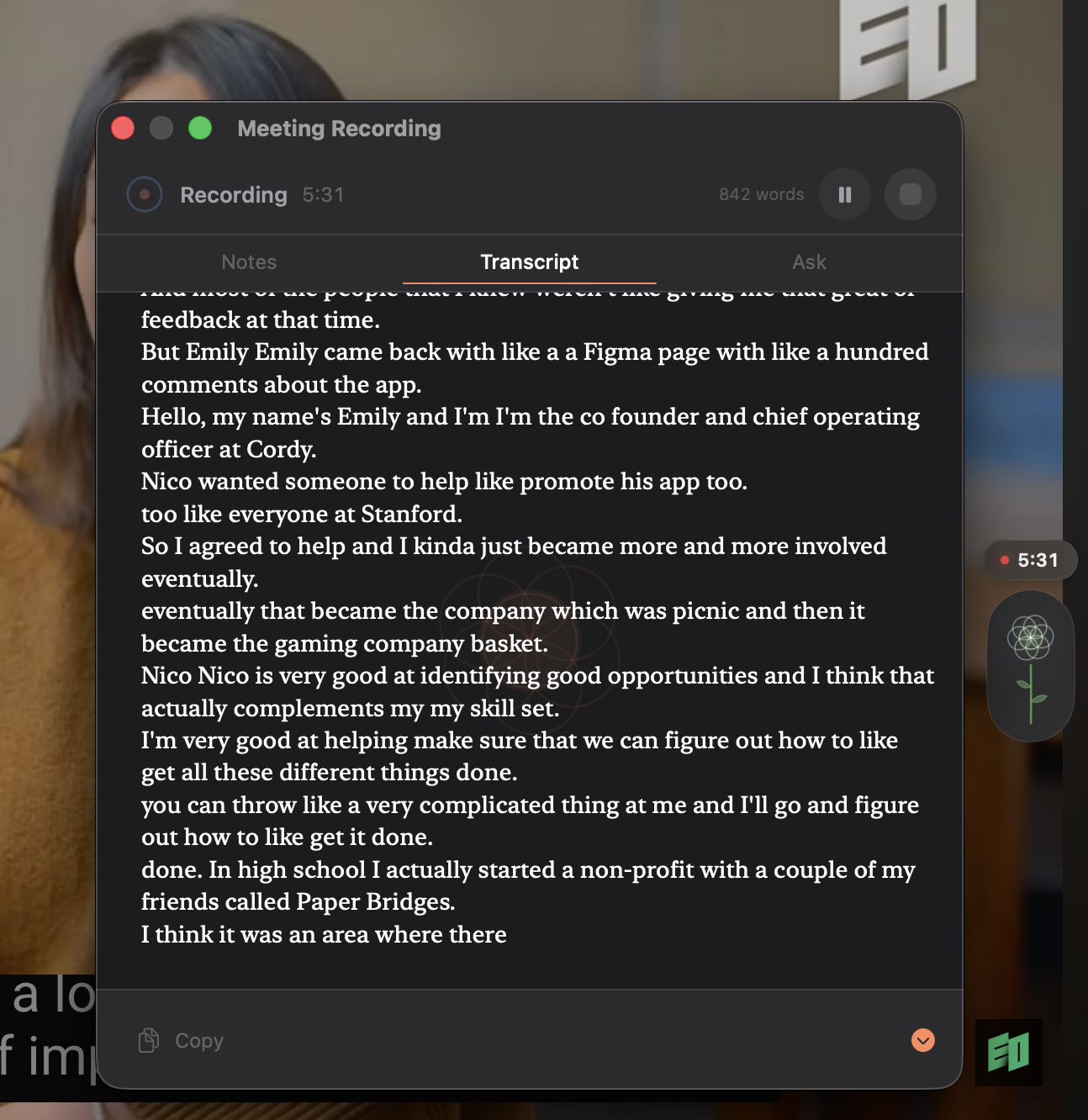MacParakeet — Live meeting recording with floating pill and Notes/Transcript/Ask panel