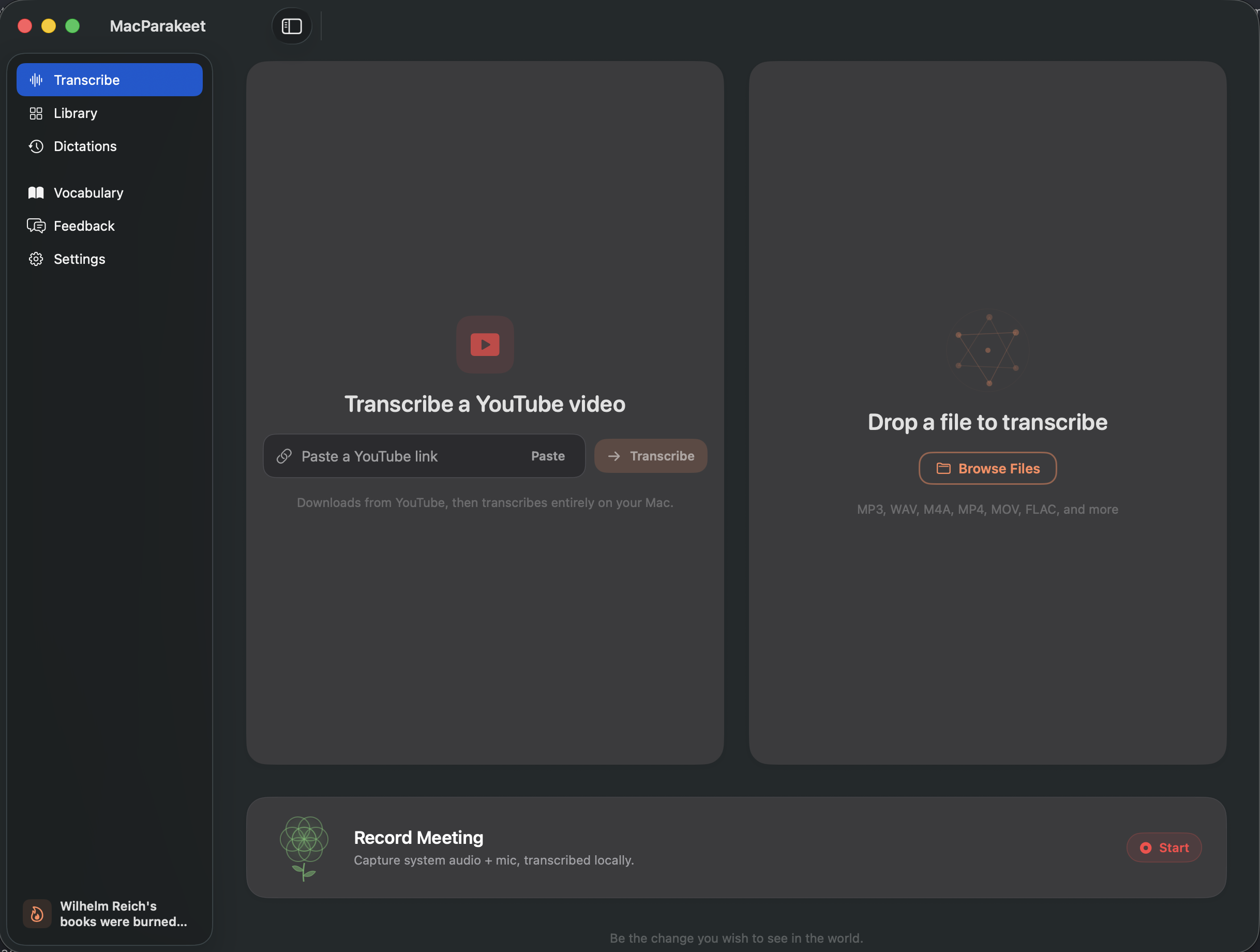 MacParakeet — Transcribe tab with YouTube, file drop, and Record Meeting tile